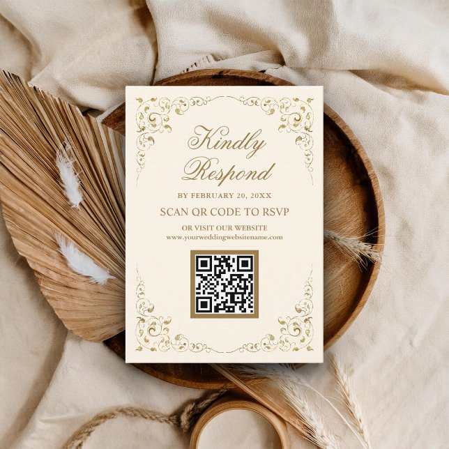 Rustic Swirl Frame Cream Gold QR Code RSVP Wedding Enclosure Card (Creator Uploaded)