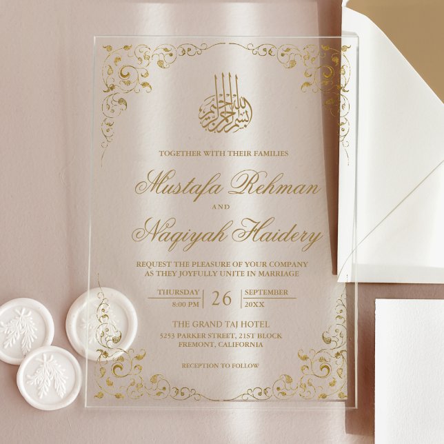 Rustic Swirl Frame Gold Muslim Wedding Acrylic Invitations (Creator Uploaded)