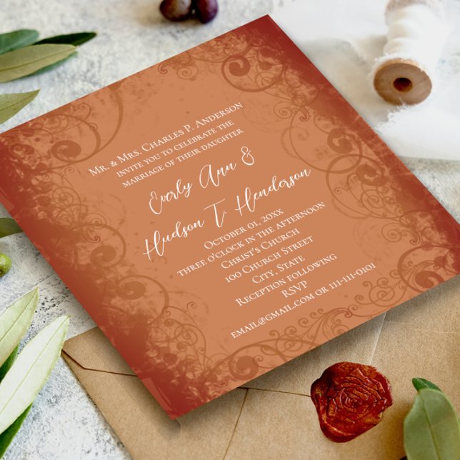 Rustic Swirl Terracotta Coral  Wedding Invitation  (Creator Uploaded)