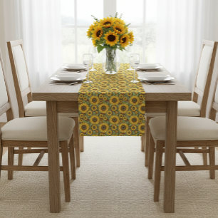 Rustic Table Runner with Sunflower Print, Brown