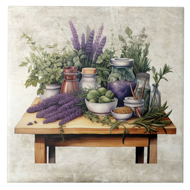 Rustic Table with Herbs Watercolors Ceramic Tile (Front)