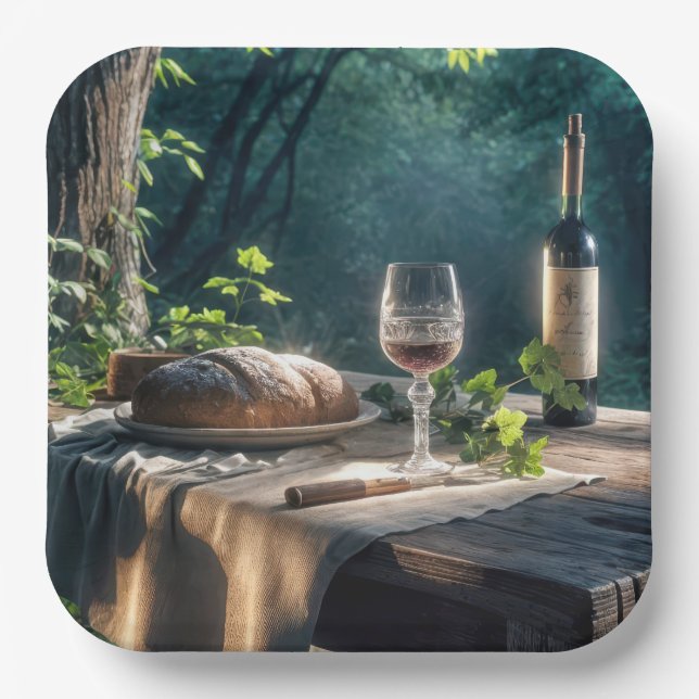 Rustic Table With Wine In A Forest Paper Plate (Front)