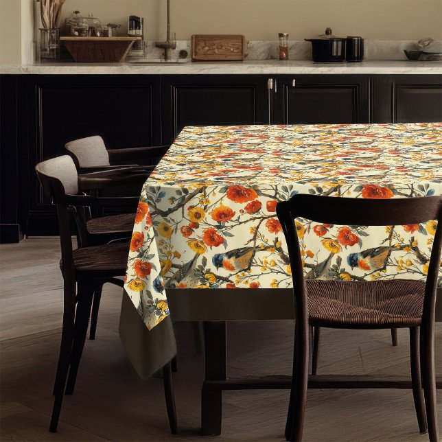 Rustic Tablecloth with Birds & Fall Floral Accent (Rustic Tablecloth with Birds and Fall Floral Accents)