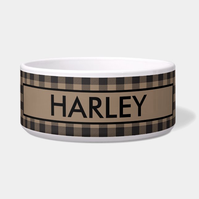 Rustic Tan Black Buffalo Plaid Ceramic Pet Bowl (Front)