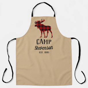 Rustic Tan Buffalo Plaid Moose Family Camp Apron