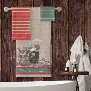 Rustic Tan Christmas Vintage Old World  Santa Bath Towel Set