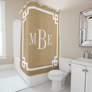 Rustic Tan Greek Key Border Monogram Farmhouse Shower Curtain