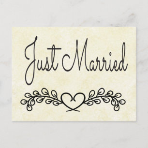 Rustic Tan Just Married Black Heart Laurel Wedding Announcement Postcard