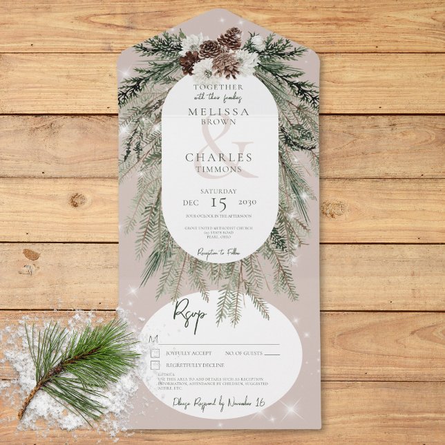Rustic Tan Pine Winter Sparkle Details All In One Invitation (Rustic Tan Pine Winter Sparkle Details All In One Invitation)