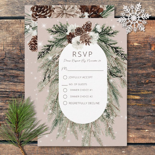 Rustic Tan Pine Winter Sparkle Two Dinner RSVP Card (Creator Uploaded)