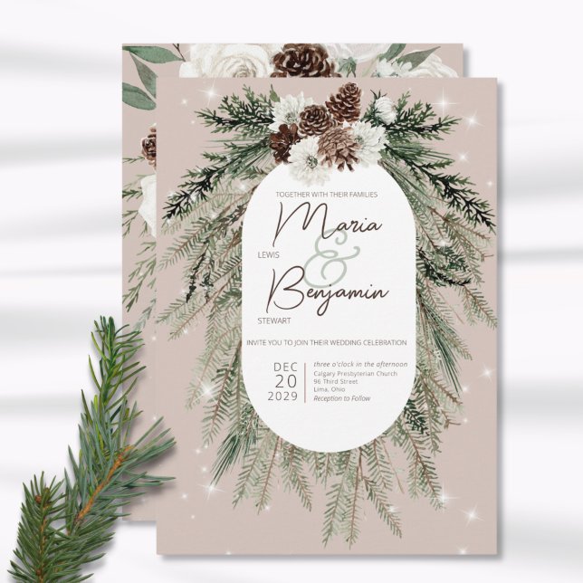 Rustic Tan Pine Winter Sparkle Wedding Invitation (Creator Uploaded)