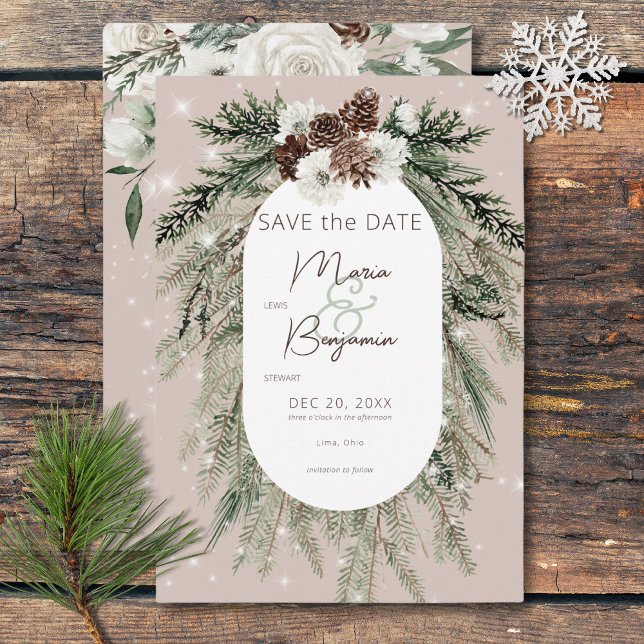 Rustic Tan Pine Winter Sparkle Wedding Save The Date (Rustic Tan Pine Winter Sparkle Wedding Save The Date)