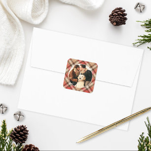 Rustic Tan Red Tartan Custom Couple Photo Square Sticker