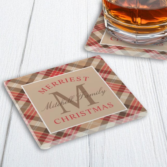 Rustic Tan Red Tartan Plaid Christmas Monogram Glass Coaster (Creator Uploaded)