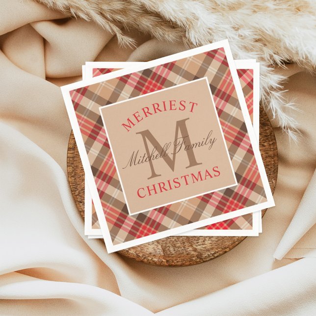 Rustic Tan Red Tartan Plaid Christmas Monogram Napkin (Creator Uploaded)