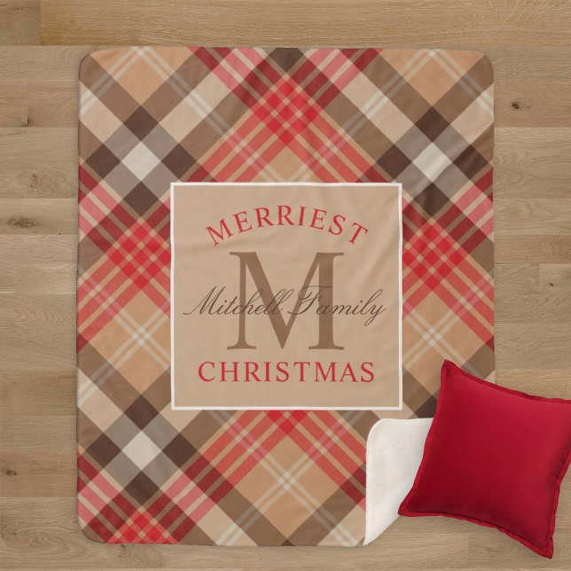 Rustic Tan Red Tartan Plaid Christmas Monogram Sherpa Blanket (Creator Uploaded)