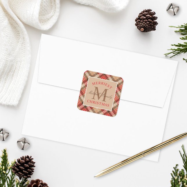 Rustic Tan Red Tartan Plaid Christmas Monogram Square Sticker (Creator Uploaded)