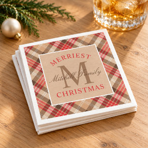Rustic Tan Red Tartan Plaid Merriest Christmas Napkin