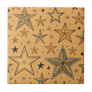 Rustic Tan Star Print with Black Orange Accents Ceramic Tile