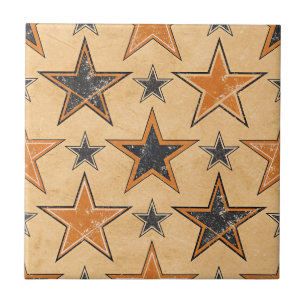 Rustic Tan Star Print with Black Orange Accents Ceramic Tile