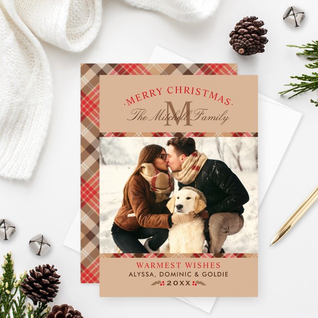 Rustic Tan Tartan Plaid Christmas Monogram Photo Holiday Card (Creator Uploaded)