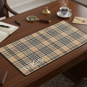Rustic Tan White & Black Tartan Plaid Monogram Desk Mat