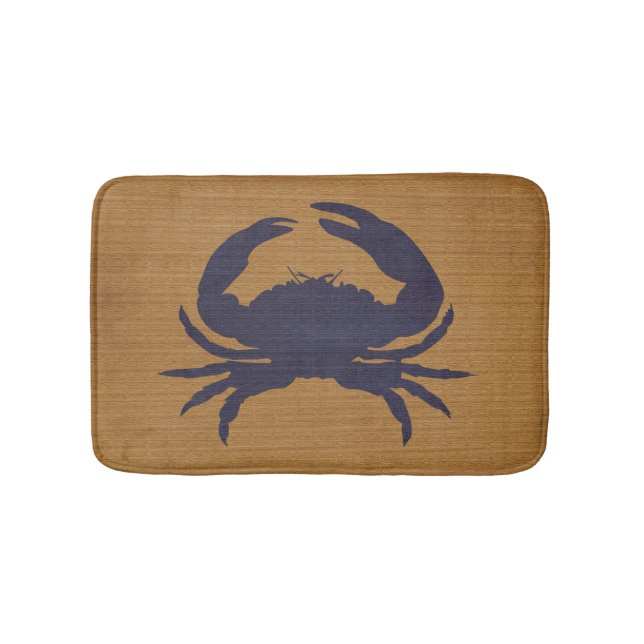 Rustic Tan with Dark Blue Crab Bath Mat (Front)