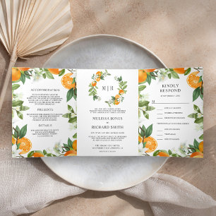 Rustic Tangerine Citrus Orange All in One Wedding Tri-Fold Invitation