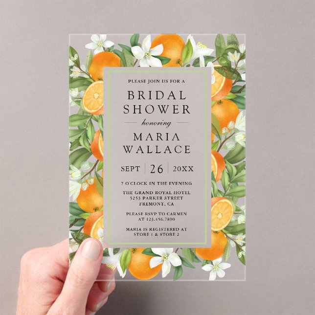 Rustic Tangerine Citrus Orange Bridal Shower Acrylic Invitations (Insitu (Handheld))