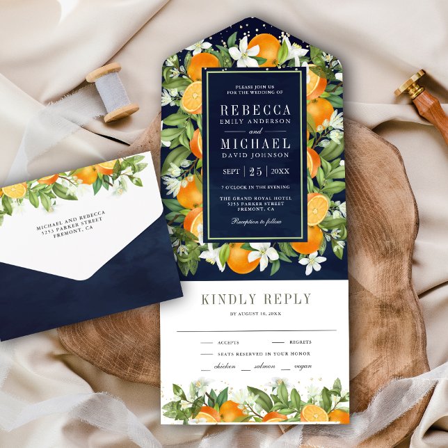 Rustic Tangerine Citrus Orange Navy Blue Wedding All In One Invitation (Creator Uploaded)