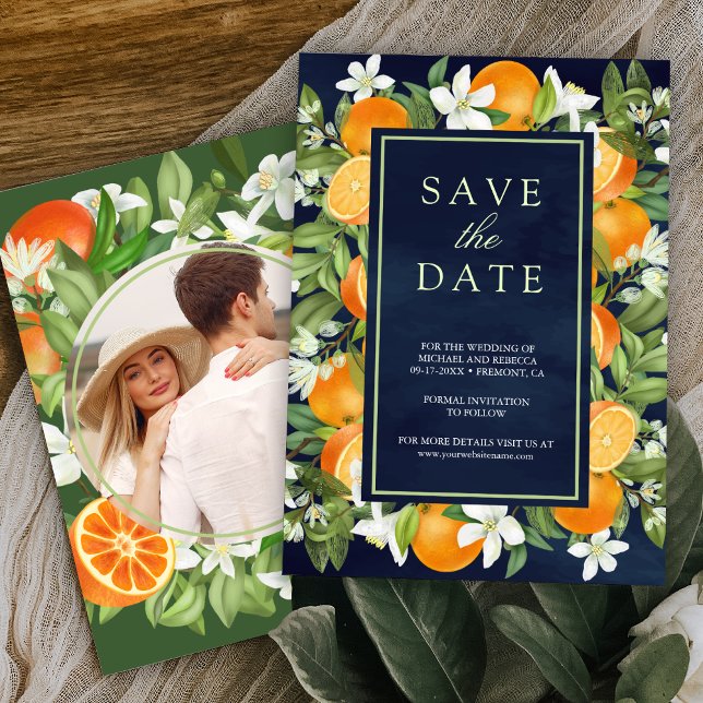 Rustic Tangerine Citrus Orange Navy Photo Wedding Save The Date (Creator Uploaded)