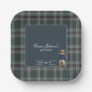 Rustic Tartan Bear Baby Shower Paper Plate
