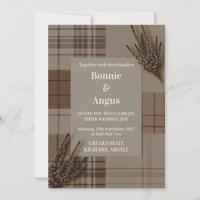 Rustic Tartan Plaid Heather Wedding Invitation | S (Front)