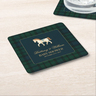 Rustic Tartan Plaid Horse Baby Shower  Square Paper Coaster