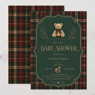 Rustic Tartan Teddy Bear Baby Shower Invitation