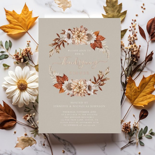Rustic Taupe Fall Floral Thanksgiving Dinner (Rustic Taupe Fall Floral Thanksgiving Dinner Foil Invitation)