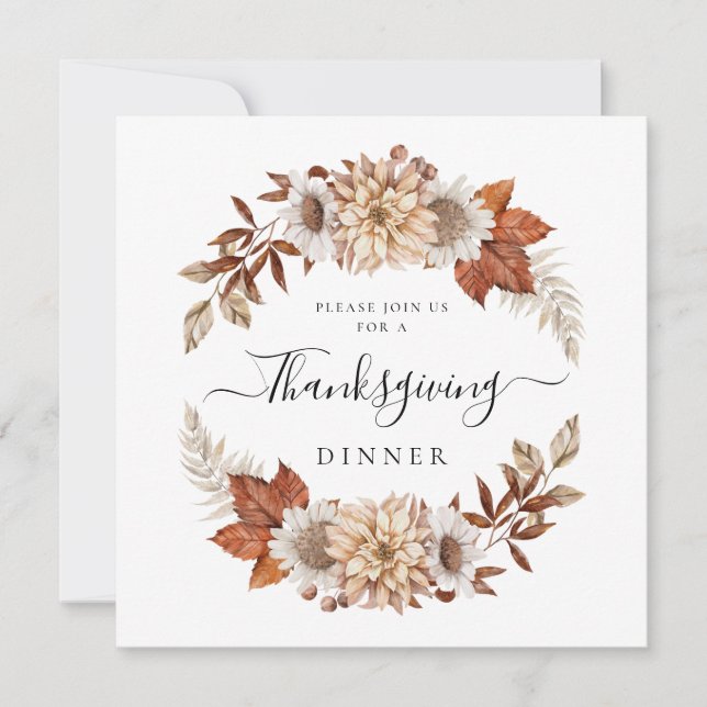Rustic Taupe Fall Floral Thanksgiving Dinner Invitation (Front)