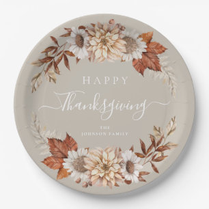 Rustic Taupe Fall Leaves Happy Thanksgiving Paper Plate