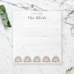 Rustic Teacher Appreciation Boho Rainbow Notepad<br><div class="desc">Boho rainbow rustic teacher appreciation gift notepad geared towards teachers of younger students featuring a pale white wood background, colourful boho rainbow border and custom teacher name template in a stylish script calligraphy font. A bohemian style, cute kindergarten and preschool teacher gift they can use to send thoughtful notes home...</div>