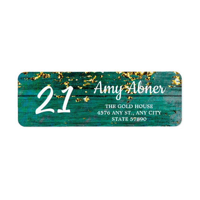 Rustic Teal and Gold 21st Birthday Return Address  Label (Front)