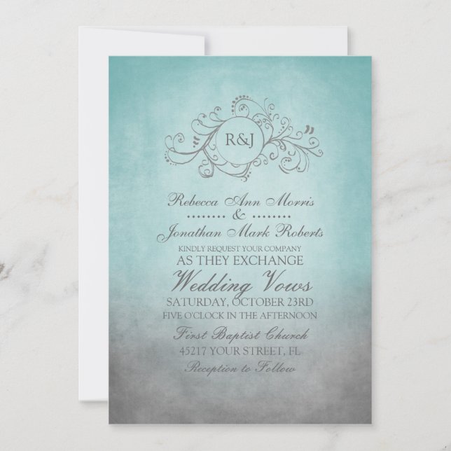 Rustic Teal and Grey Bohemian Wedding Invitation (Front)