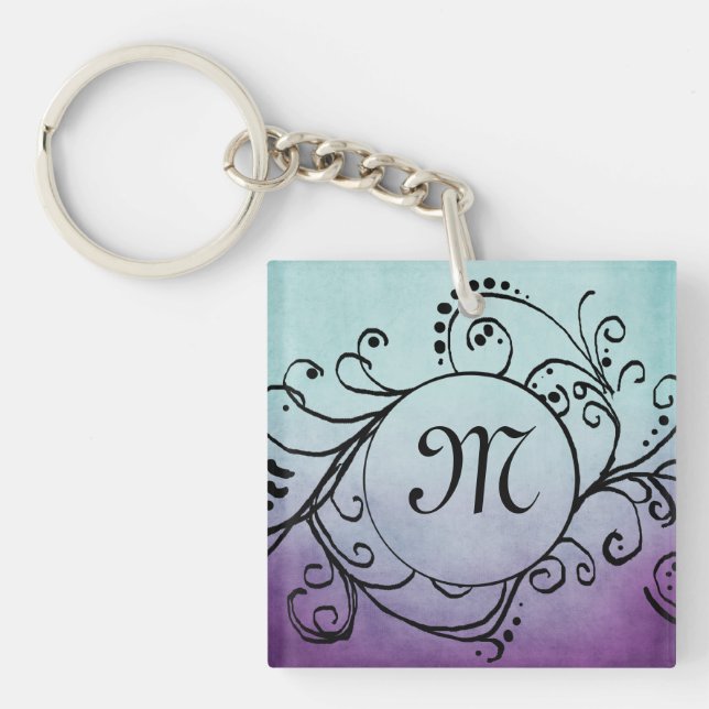 Rustic Teal and Purple Bohemian  Flourish Key Ring (Front)
