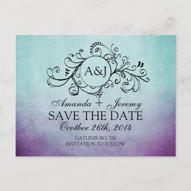 Rustic Teal and Purple Bohemian Save The Date Announcement Postcard (Front)
