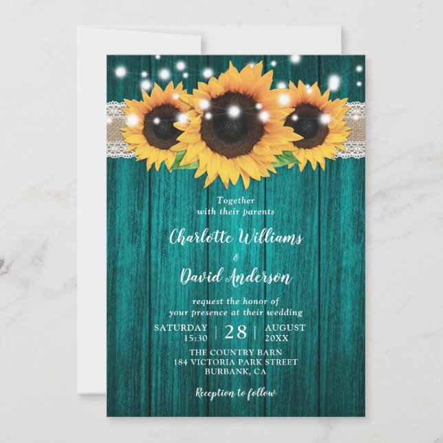 Rustic Teal and Sunflower Wedding Invitations (Front)