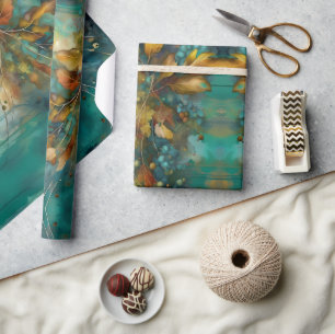 Rustic Teal Autumn Sprig leaves floral Wrapping Paper