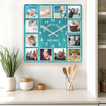 Rustic Teal Barn Wood Farmhouse 12 Photo Collage Square Wall Clock<br><div class="desc">Showcase your cherished family memories with this rustic teal barn wood photo collage wall clock. This personalised clock features a weathered wood grain design and space for 12 of your favourite photos. Add your family name and established year for a unique and sentimental touch. Perfect for a farmhouse kitchen, living...</div>