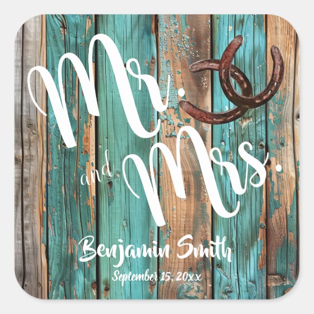 Rustic Teal Barn Wood Horseshoe Wedding Square Sticker (Front)