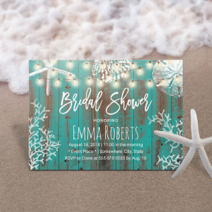 Rustic Teal Beach Coral Starfish Bridal Shower Invitation