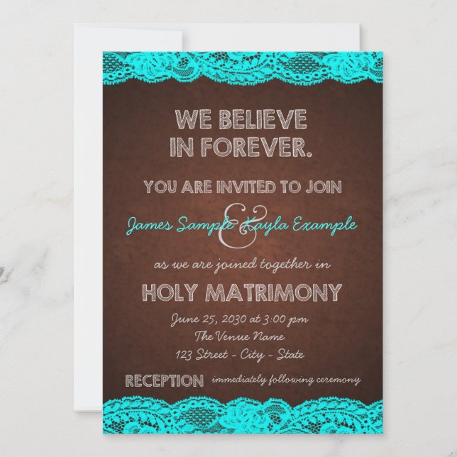 Rustic Teal Blue and Brown Country Wedding Invitation (Front)