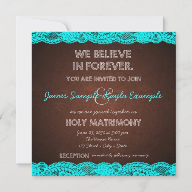 Rustic Teal Blue and Brown Wedding Invitation (Front)